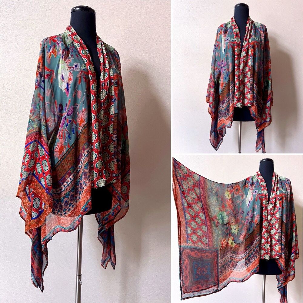 by Anthropologie Kimono Jacket Top One Size Floral Mixed Print Rayon Boho Gypsy